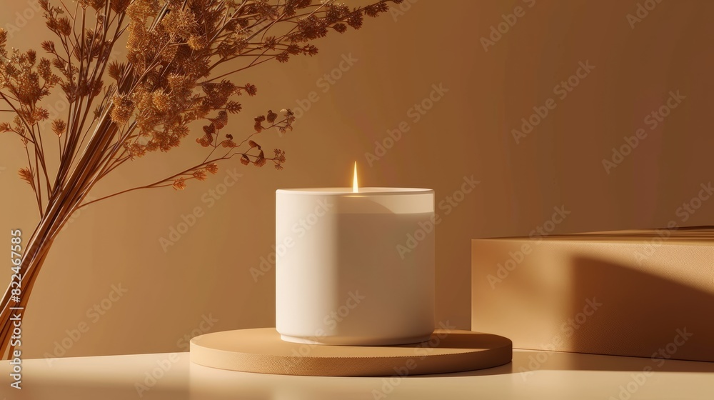 White candle sits on a wooden base in front of a vase of dried flowers White candle sits on a wooden base in front of a vase of dried flowers