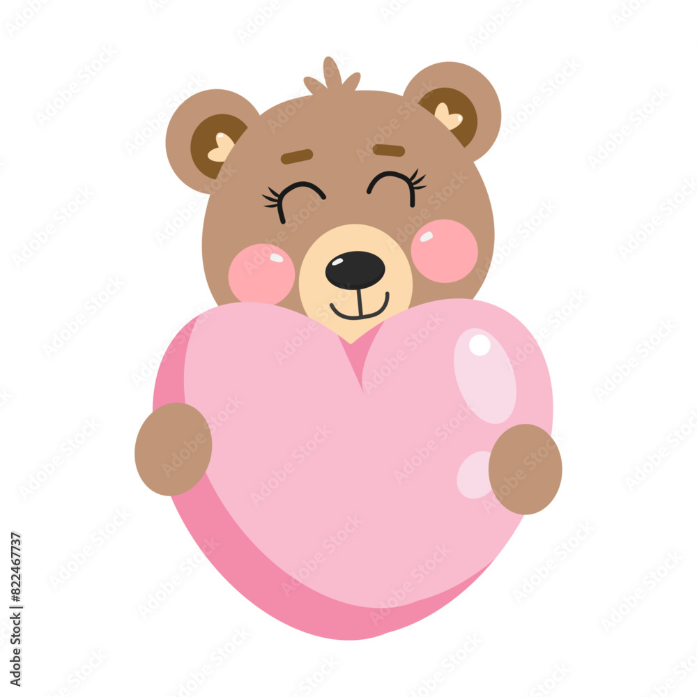 Cute kawaii smiling bear animal holding a pink heart. Little animals in love. Illustration for baby, kids Cute kawaii smiling bear animal holding a pink heart. Little animals in love. Illustration for baby, kids