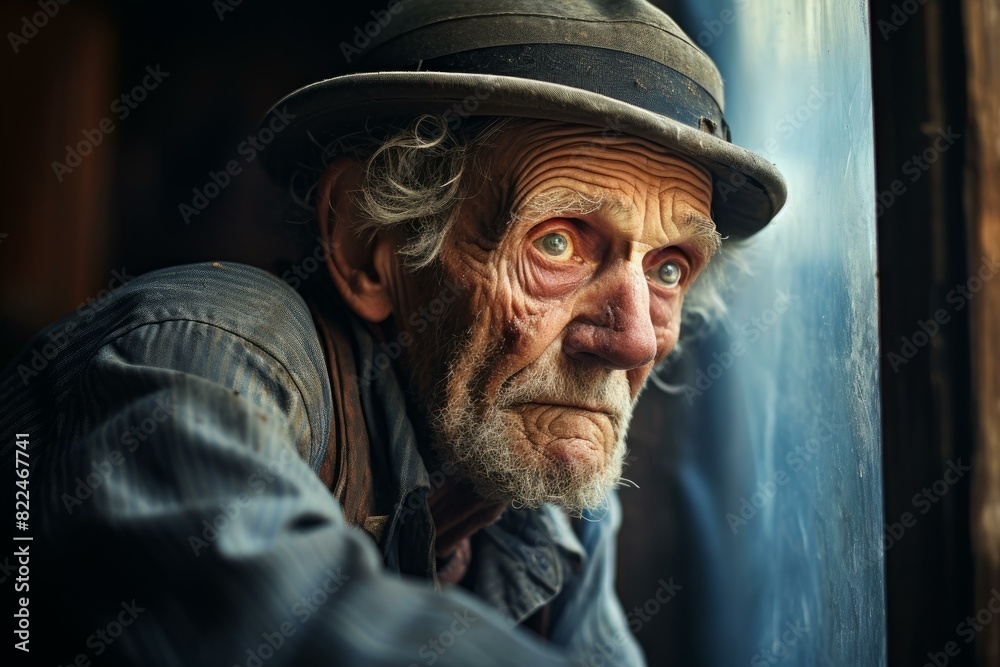 Close-up portrait of a contemplative senior man with expressive eyes gazing outside Close-up portrait of a contemplative senior man with expressive eyes gazing outside
