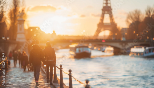 a close-up image of a couple holding hands as they walk along the river, with scenic tourist boats and the Eiffel Tower softly blurred in the background, People walking, river, tou