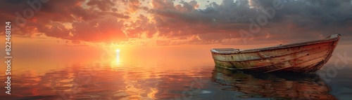Solitary wooden boat floating on calm water during a vibrant, colorful sunset. Tranquil scene with serene atmosphere ideal for relaxation and reflection.