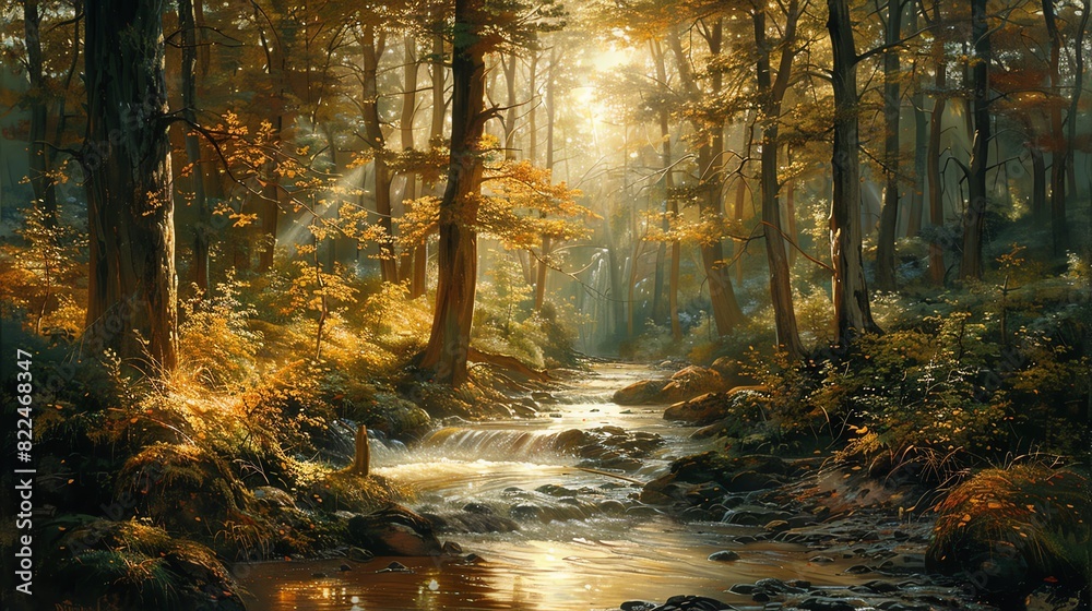 Obraz premium Serene forest stream flowing through vibrant autumn foliage, bathed in golden sunlight, capturing the essence of natural beauty and tranquility.