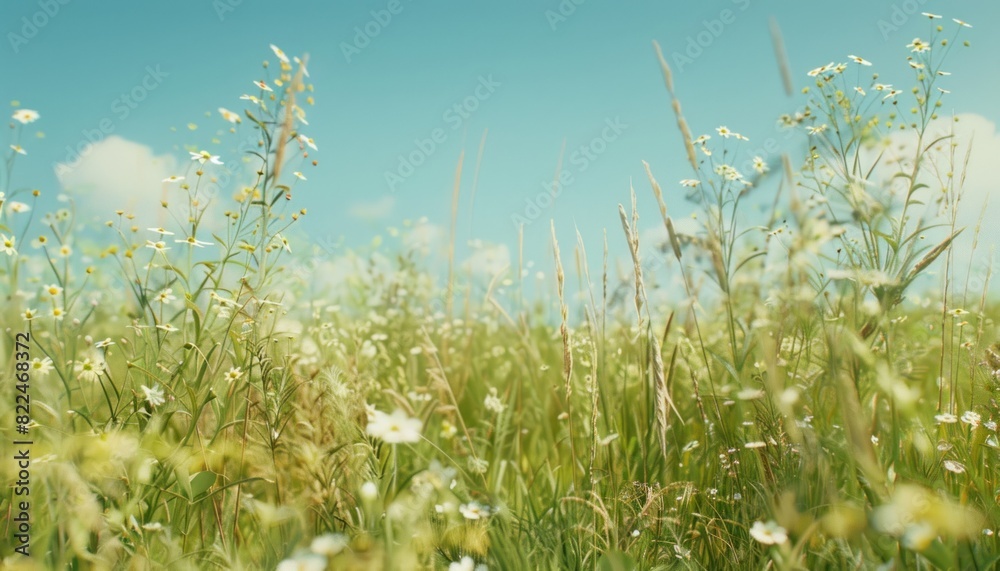 Summer field with tall grasses with flower. Open field with wild flower and butterfly. Sunny day wide blue sky Summer field with tall grasses with flower. Open field with wild flower and butterfly. Sunny day wide blue sky