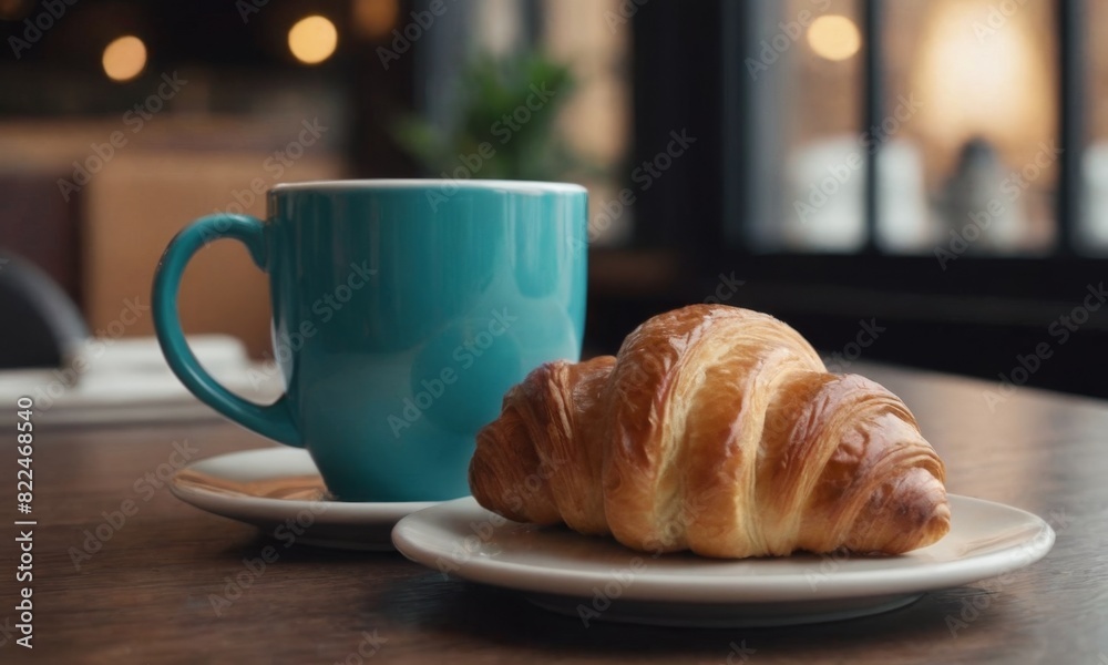 a cup of fragrant coffee with a crispy croissant on the table in the coffee shop a cup of fragrant coffee with a crispy croissant on the table in the coffee shop