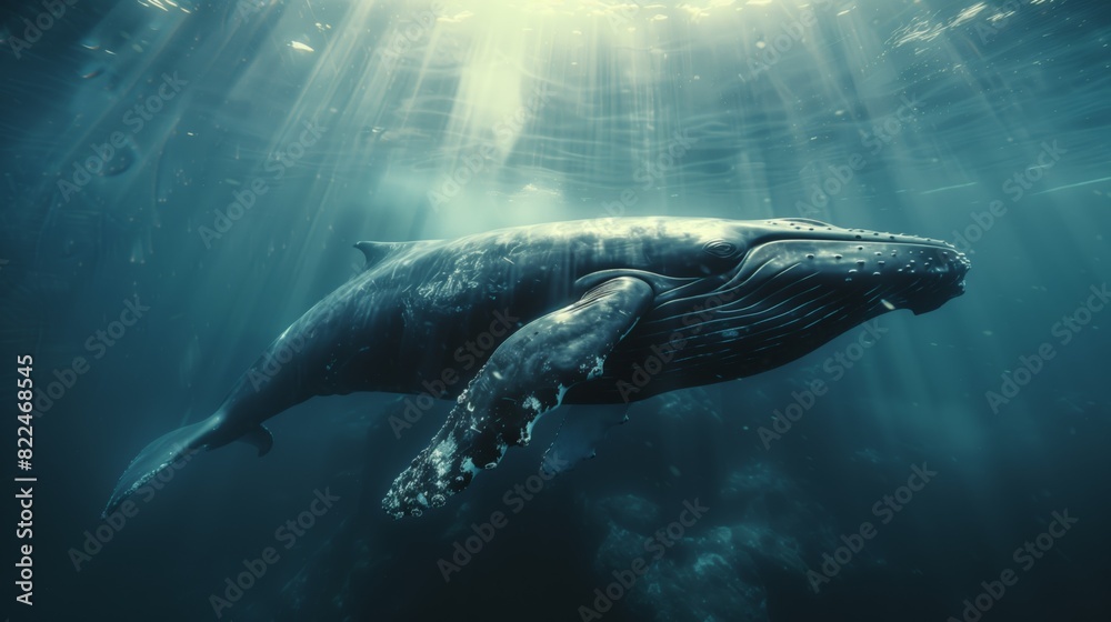 Fototapeta premium A humpback whale gracefully swims in the ocean depths