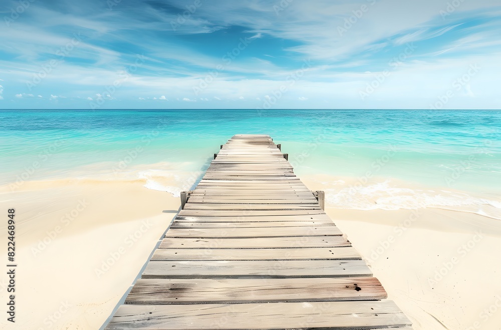 Tropical Wooden Pier on White Sand Beach with Turquoise Sea Tropical Wooden Pier on White Sand Beach with Turquoise Sea