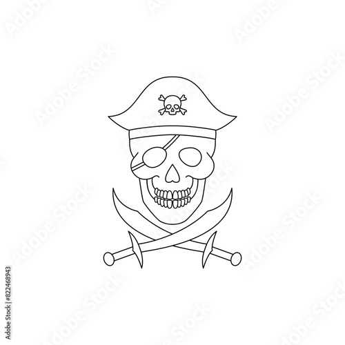 A skull wearing a pirate hat and with crossed sabers. Line art style icon.