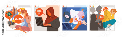 Cyber Bullying with Depressed Young People Character Victim Vector Set