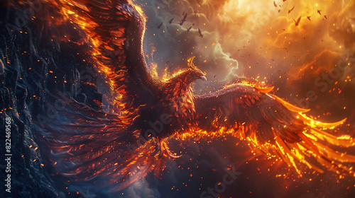 Majestic Phoenix Rising with Fiery Wings
