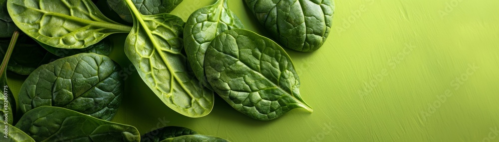 Obraz premium Fresh spinach leaves spread on a vibrant green background, highlighting their freshness and nutritional value, perfect for healthy eating content.