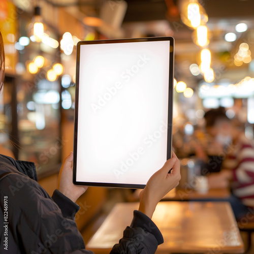 Blank extra-wide digital frame shown by woman's hands in a bustling cafe. photo