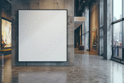 Minimalist contemporary gallery with one extra-large blank poster, wide view.