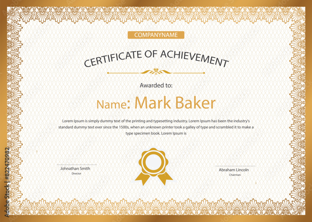 golden Certificate of achievement template set with gold badge and border.. Vector Illustration