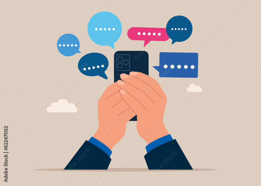Arms hold use smart phone typing message dialogue bubble. Flat vector illustration Arms hold use smart phone typing message dialogue bubble. Flat vector illustration