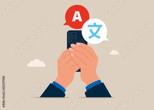 Arms hold use smart phone. Foreign language, online training, e-learning. Communication foreigners via Internet. Linguist. Flat vector illustration