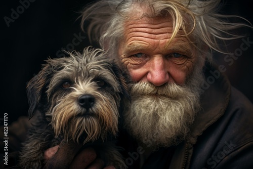 Close-up of a senior man with a beard holding his beloved scruffy pet dog