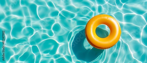 swimming pool inner tube floating in the clear pool, yellow inner tube banner, inflatable ring background, top view