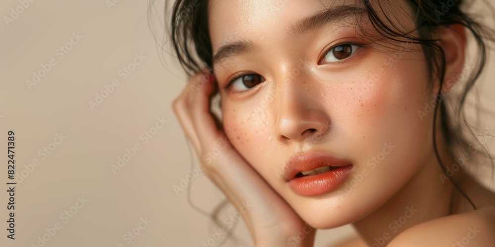 A close-up portrait of a woman with natural makeup showcasing her clear and radiant skin. Generated AI A close-up portrait of a woman with natural makeup showcasing her clear and radiant skin. Generated AI