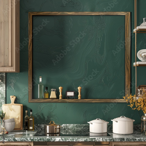 Malachite green kitchen wall with large square wooden blank frame mockups, elegant wood details. photo