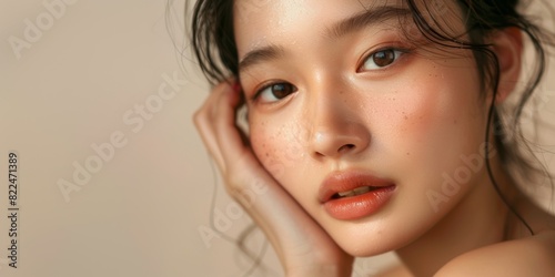 A close-up portrait of a woman with natural makeup showcasing her clear and radiant skin. Generated AI