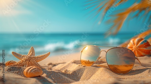 sunglasses on the sand beach with copy space, summer vacation concept