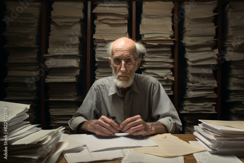 Elderly archivist surrounded by stacks of documents in a dimly lit office photo