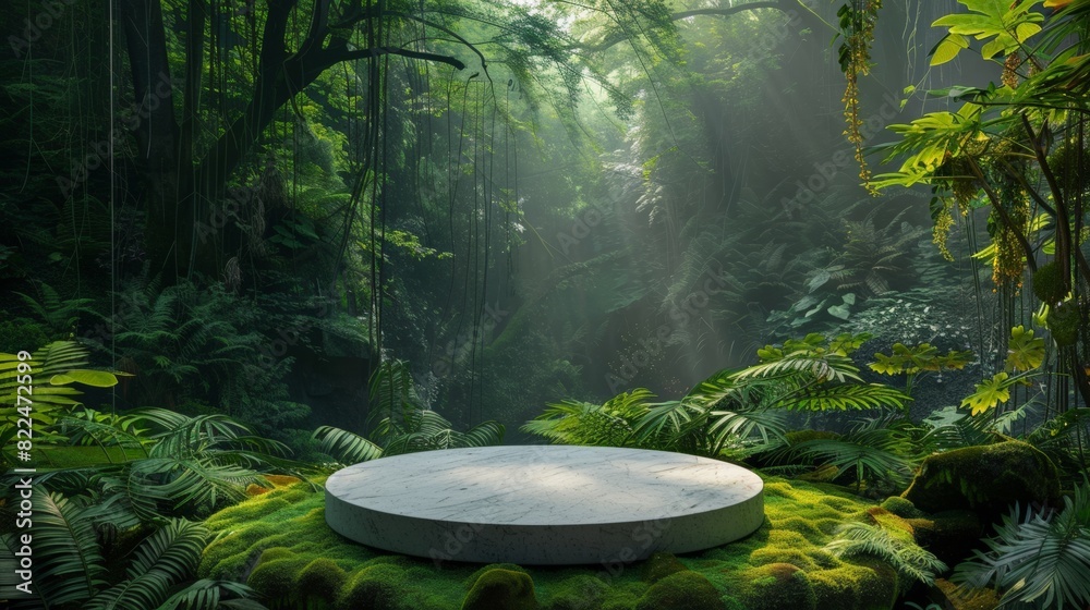 A large, round stone podium sits in a lush, green jungle A large, round stone podium sits in a lush, green jungle