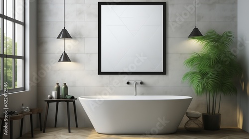 A white empty blank frame mockup mounted on a white tiled wall in a modern bathroom  with fluffy towels neatly stacked nearby.