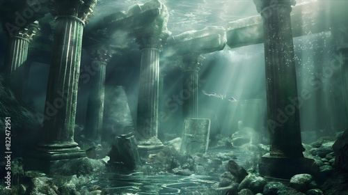 Enigmatic Underwater Ruins with Sunken Columns and Fish