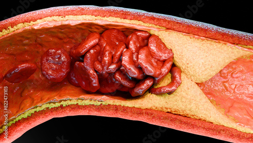 Cholesterrol or Atherosclerotic Plaque in blood vessels, Blocked vessel stroke, Thickened Arteries and Veins, Coronary, fat buildup clogging, Atherosclerosis or atheromatous Hyperlipidemia, 3d render photo