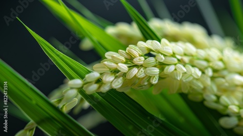 Close-up of rice plant with vibrant green leaves and ripe grains  showcasing the beauty and intricacy of natural agriculture.