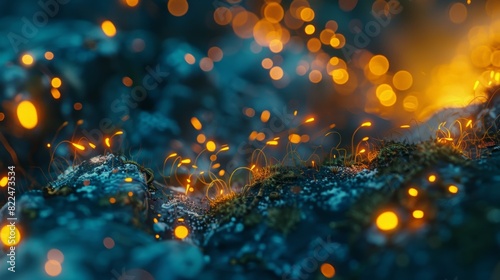 An eerie glow emanating from the ground revealing a hidden colony of fireflylike creatures. photo