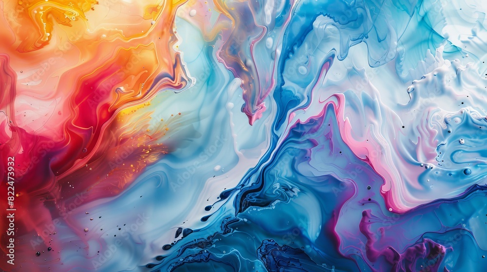 Obraz premium High-angle view, vibrant synthetic substance, watercolor-inspired texture, vivid colors blending seamlessly, organic shapes, delicate brushstroke details, capturing the fluid essence of the material