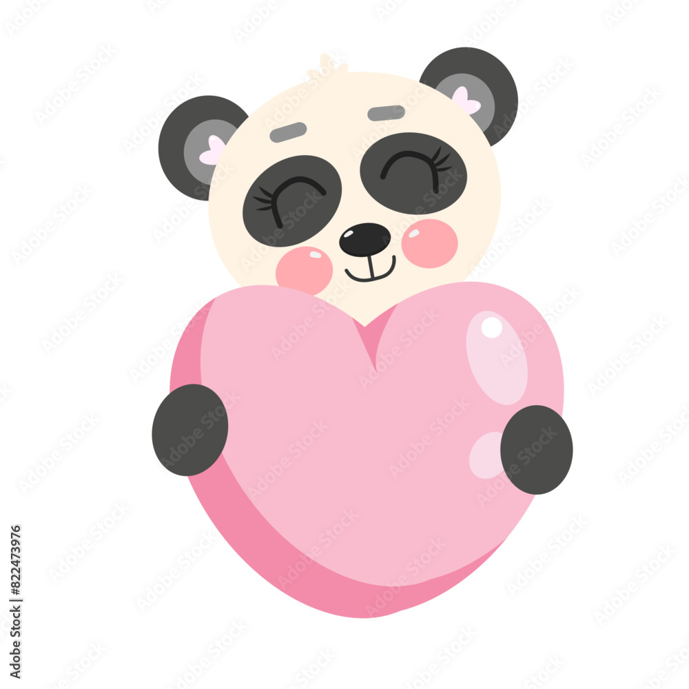 Obraz premium Cute kawaii smiling panda bear animal holding a pink heart. Illustration for baby, kids, children