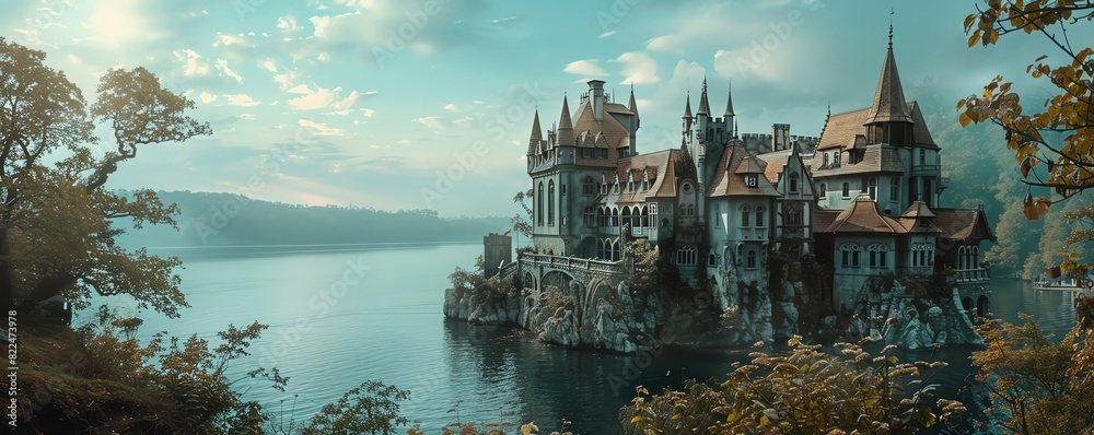A beautiful, detailed matte painting of a castle on a cliff overlooking a lake A beautiful, detailed matte painting of a castle on a cliff overlooking a lake
