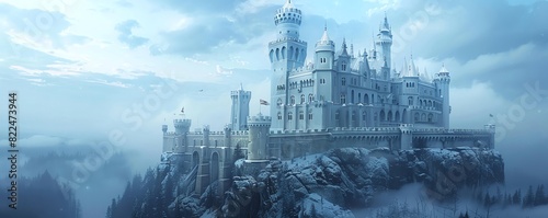 A majestic ice castle glistens in the sunlight, its spires reaching towards the heavens