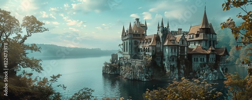 A beautiful, detailed matte painting of a castle on a cliff overlooking a lake © Kasitthanin