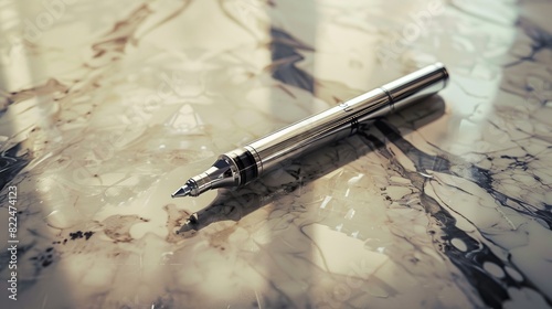 Low-angle view, hyper-realistic CGI, insulin pen on a marble countertop, crisp details on the pens labeling and mechanism, dynamic lighting casting reflective highlights