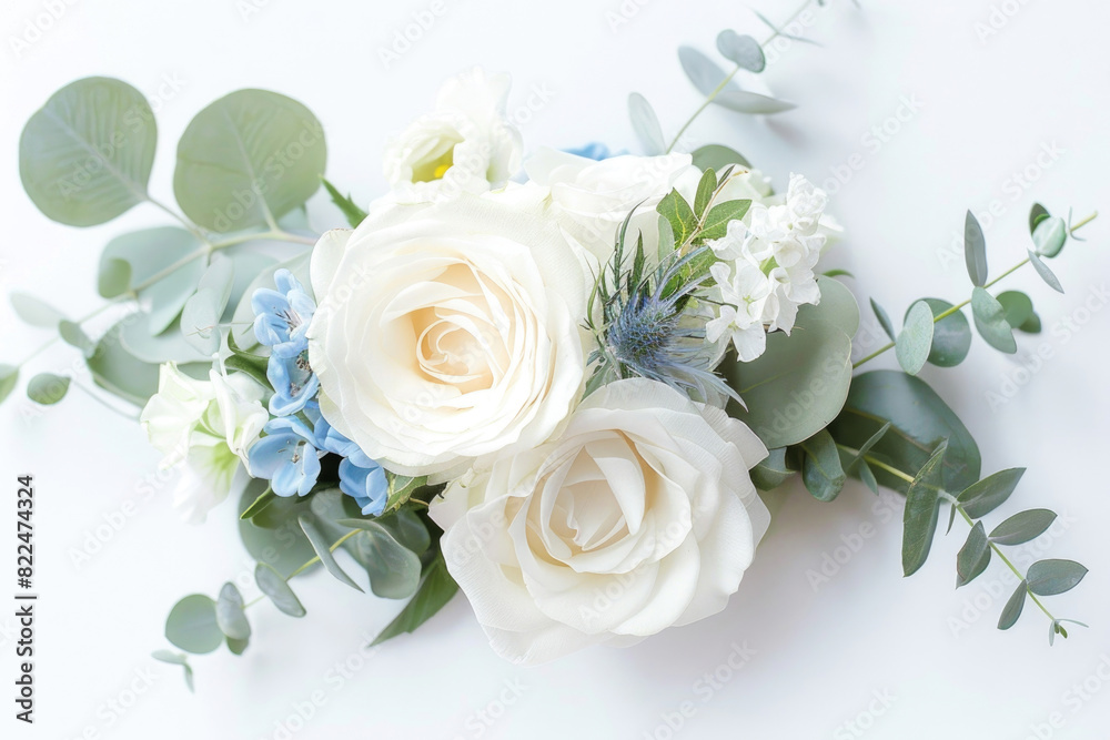 Small bouquet with white and light blue flowers on white background