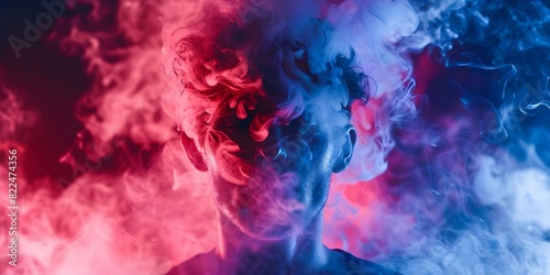 Symbolic image of stress man with smoke coming out of his head. Concept Stress, Overwhelmed, Mental Health, Coping Strategies, Emotions photo