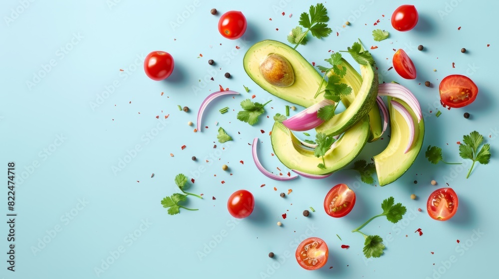 Fresh Taco Salad Ingredients Floating with Avocado Slices, Cherry Tomatoes, Cilantro, and Red Onion - Design for Ad, Print, Card, Poster