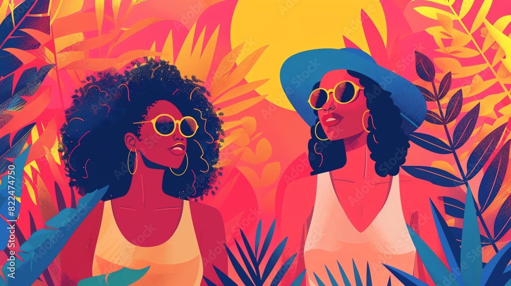 Two black women wearing sunglasses stand in a lush tropical setting Two black women wearing sunglasses stand in a lush tropical setting
