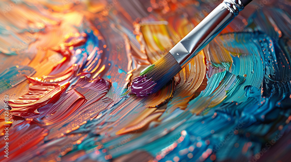 Fototapeta premium Vibrant oil painting close-up with brush strokes in various colors, evoking creativity and artistic expression.