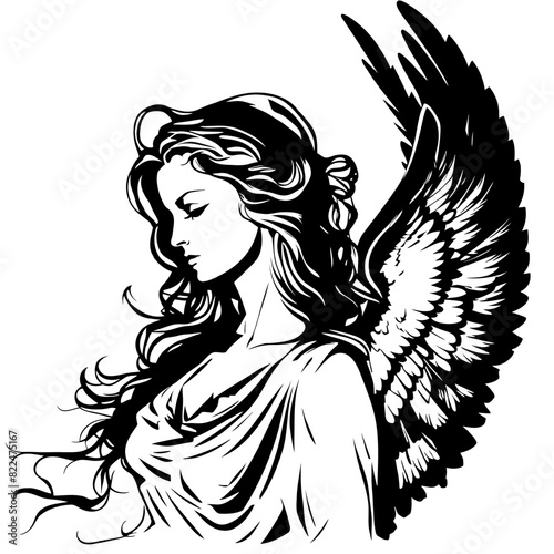 Ethereal Vector Art of Female Archangel Silhouette: Invite Divine Protection, Guidance, and Serenity into Your Space