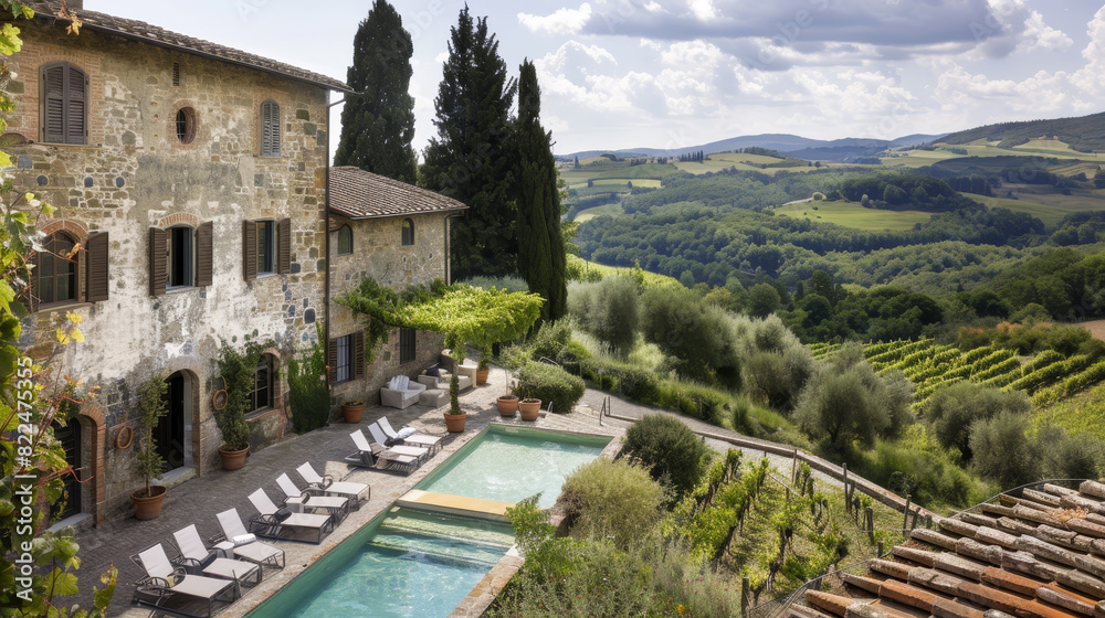 Fototapeta premium A large house with a pool and a vineyard in the background