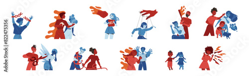 Aggressor and Victim with Suffering and Blaming Man and Woman Vector Illustration Set