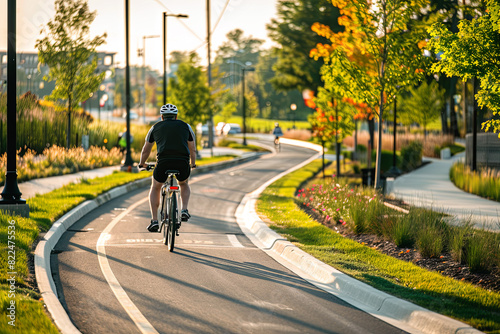 Wallpaper Mural A cyclist rides in a dedicated bike lane in a bustling city, demonstrating green transport and urban mobility for a cleaner environment. Torontodigital.ca