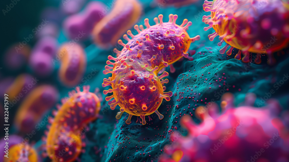Obraz premium abstract bacteria in various shapes colorful microbiology background 3d illustration