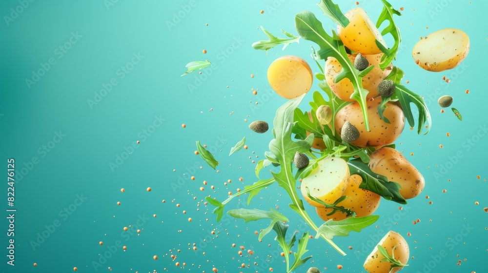 Fresh Rustic Potato Salad Ingredients Featuring New Potatoes, Arugula, Capers, and Grain Mustard on Bright Teal Background - Perfect for Advertising Banners, Posters, and Print Designs Fresh Rustic Potato Salad Ingredients Featuring New Potatoes, Arugula, Capers, and Grain Mustard on Bright Teal Background - Perfect for Advertising Banners, Posters, and Print Designs