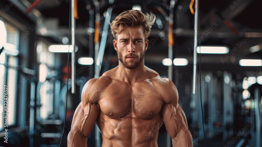 Athletic man workout weight training physical strength, strong bodybuilder, athlete body in gym Athletic man workout weight training physical strength, strong bodybuilder, athlete body in gym